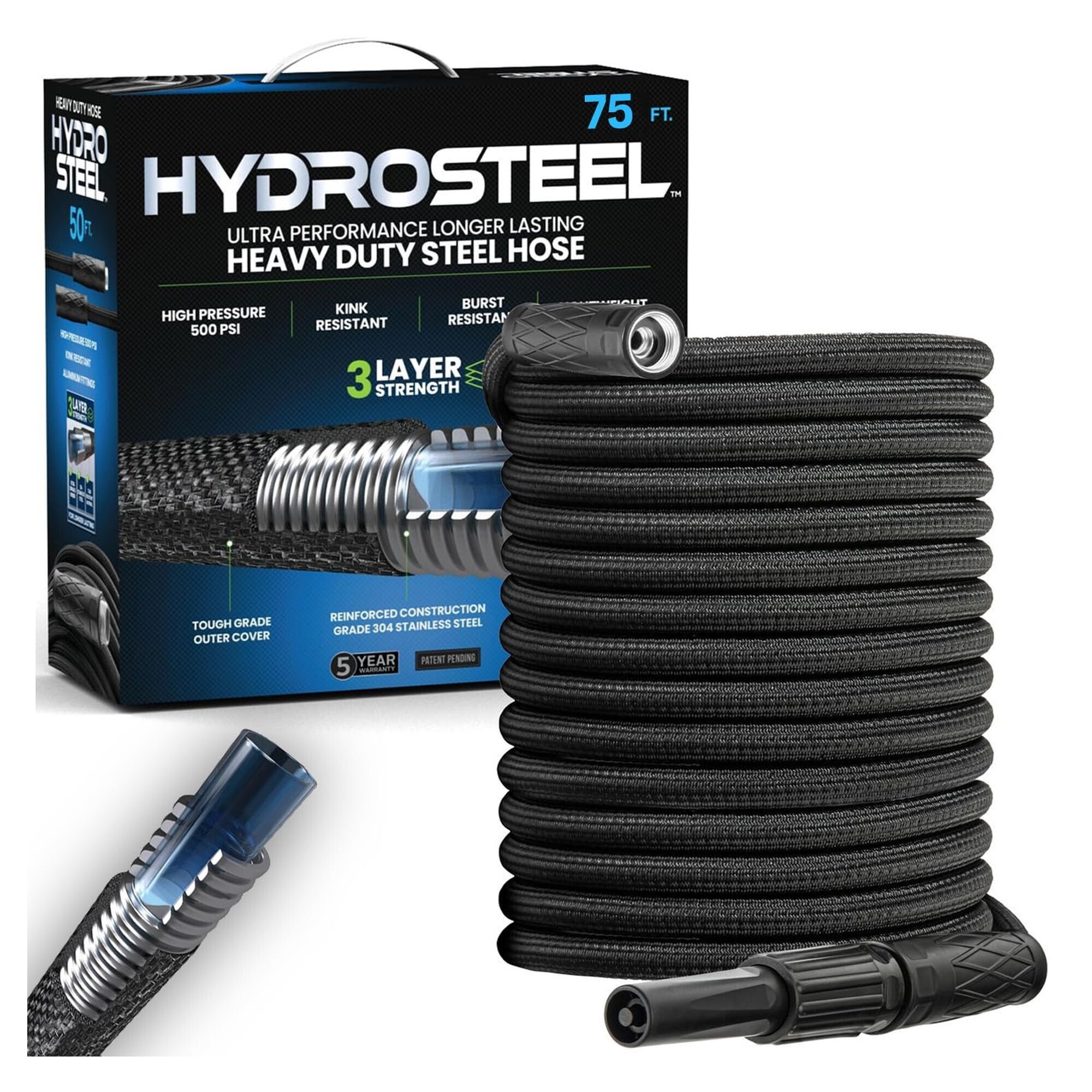 Hydrosteel 75Ft Garden Hose- 304 Stainless Steel Metal Water Hose 75Ft- Ultra Durable Flexible Lightweight Crush Resistant Fittings Kink Tangle Free 5/8” Inner Diameter- 500 PSI AS SEEN ON TV